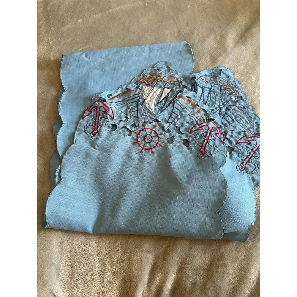 Nautical Themed Embroidered Table runner Topper Cutwork Coastal Sailboats